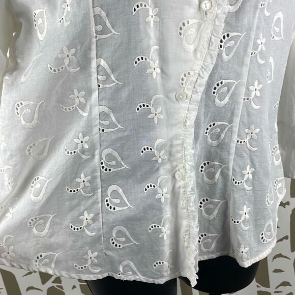 Cotton Sheer Eyelet Floral Hearts Button Front Top L - Picture 9 of 9